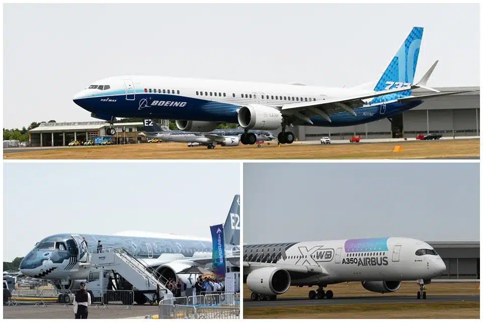 Vendas totais da Boeing, Airbus e Embraer no Farnborough Airshow 2022