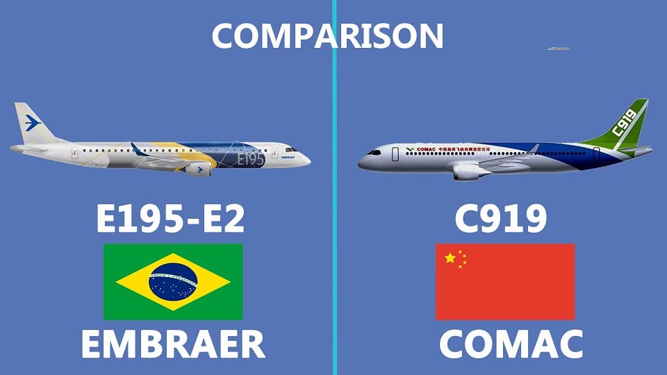 Aircraft comparisons between the Chinese C919 and the Embraer E195-E2.