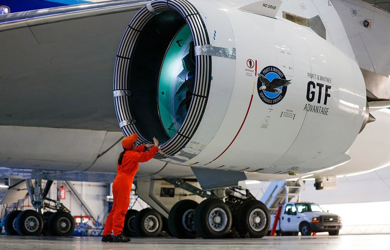 NASA and Pratt & Whitney collaborate to develop low-emission aviation engine technology.