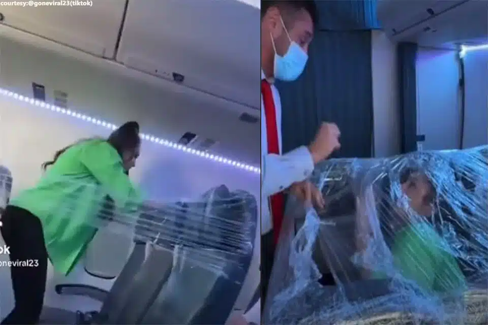 Passenger uses cling wrap to transform economy seat into ‘business class seat