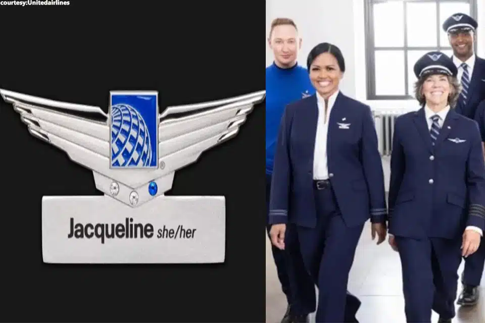 United unveils its brand new flight attendant uniforms to include a name tag with pronouns 