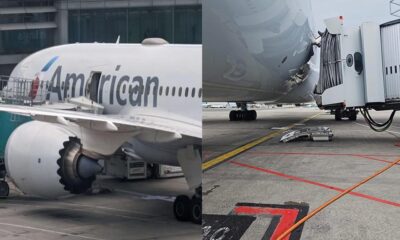 American Airlines 787-8 door ripped off after boarding bridge collapses at Dublin Airport.