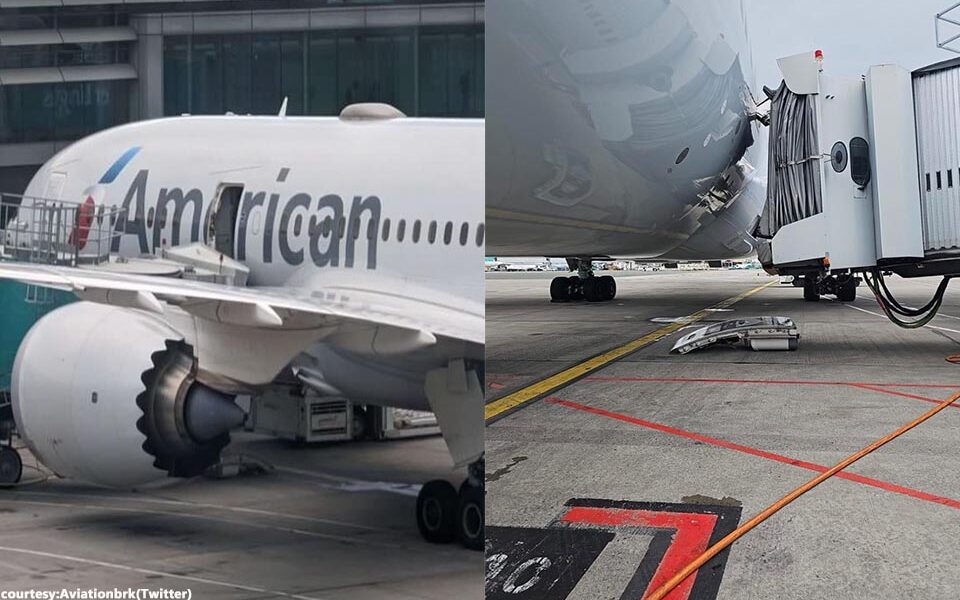 American Airlines 787-8 door ripped off after boarding bridge collapses at Dublin Airport.