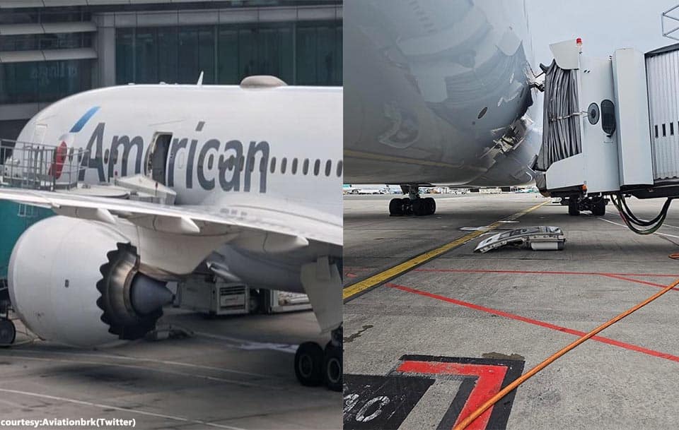 American Airlines 787-8 door ripped off after boarding bridge collapses at Dublin Airport.