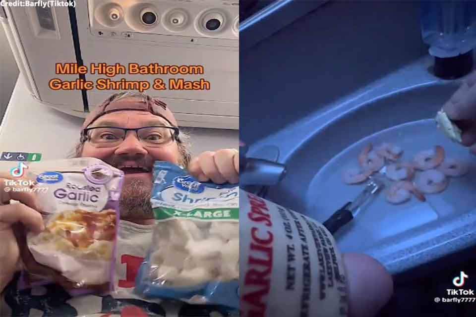 Man cooks garlic shrimp in Airplane Lavatory