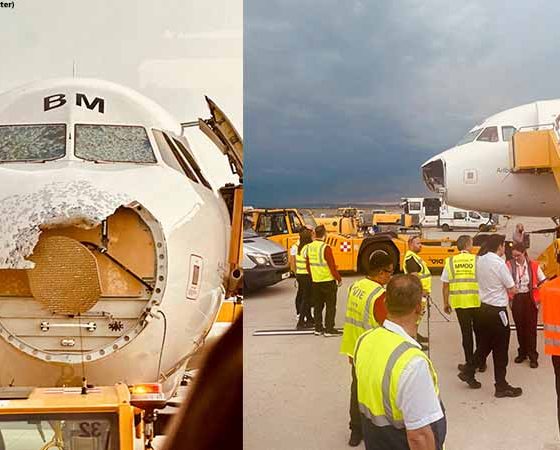 Severe Hailstorm Damages Nose and Cockpit Windows of Austrian Airlines Flight